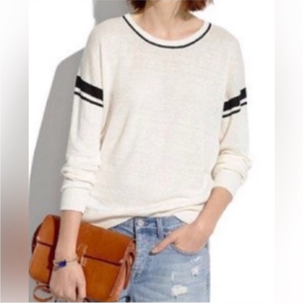 Madewell Inset Stripe Varsity Linen Crewneck Sweater Sz M